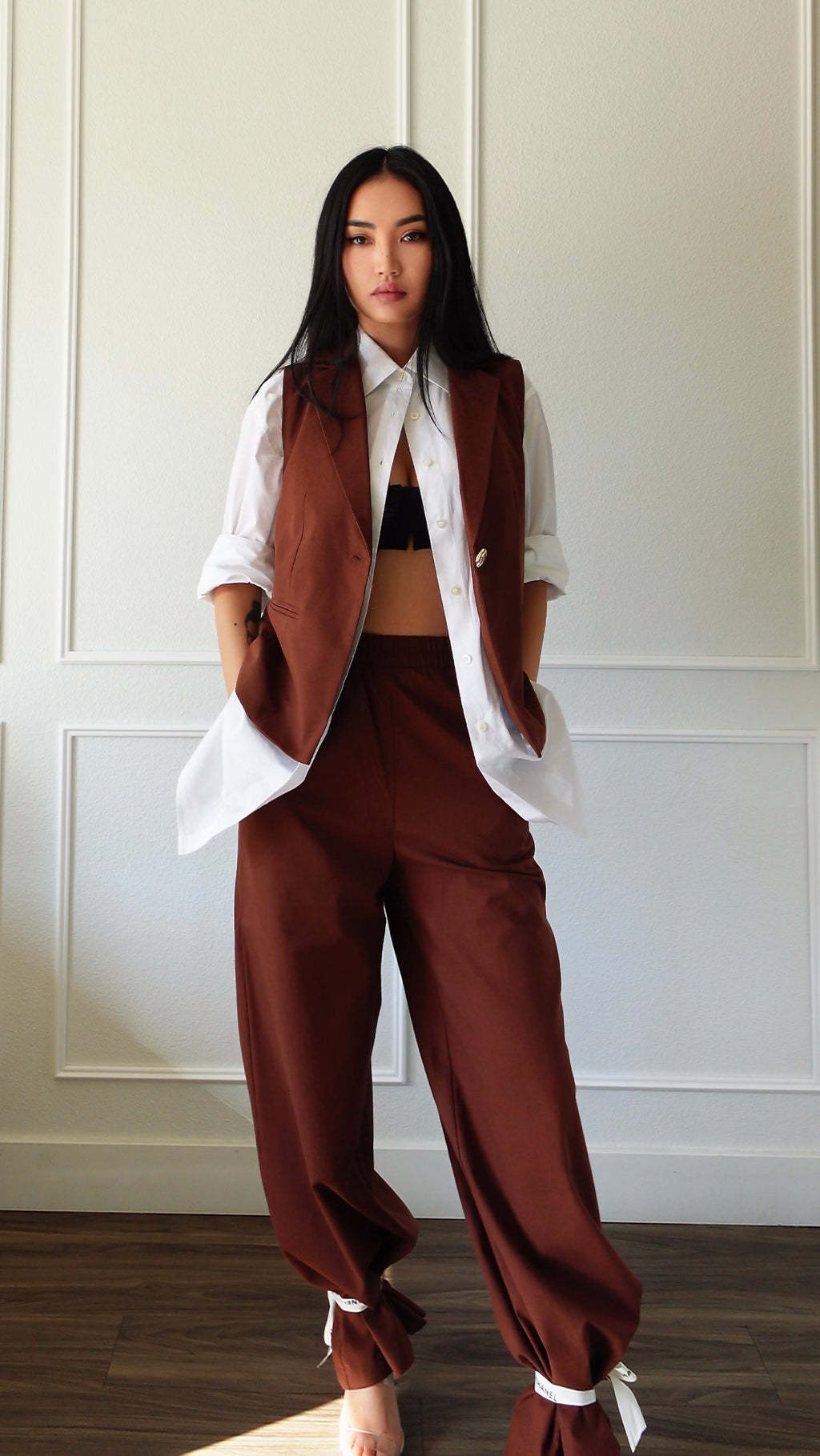 Sleeveless Blazer and Wide Leg Pants Set