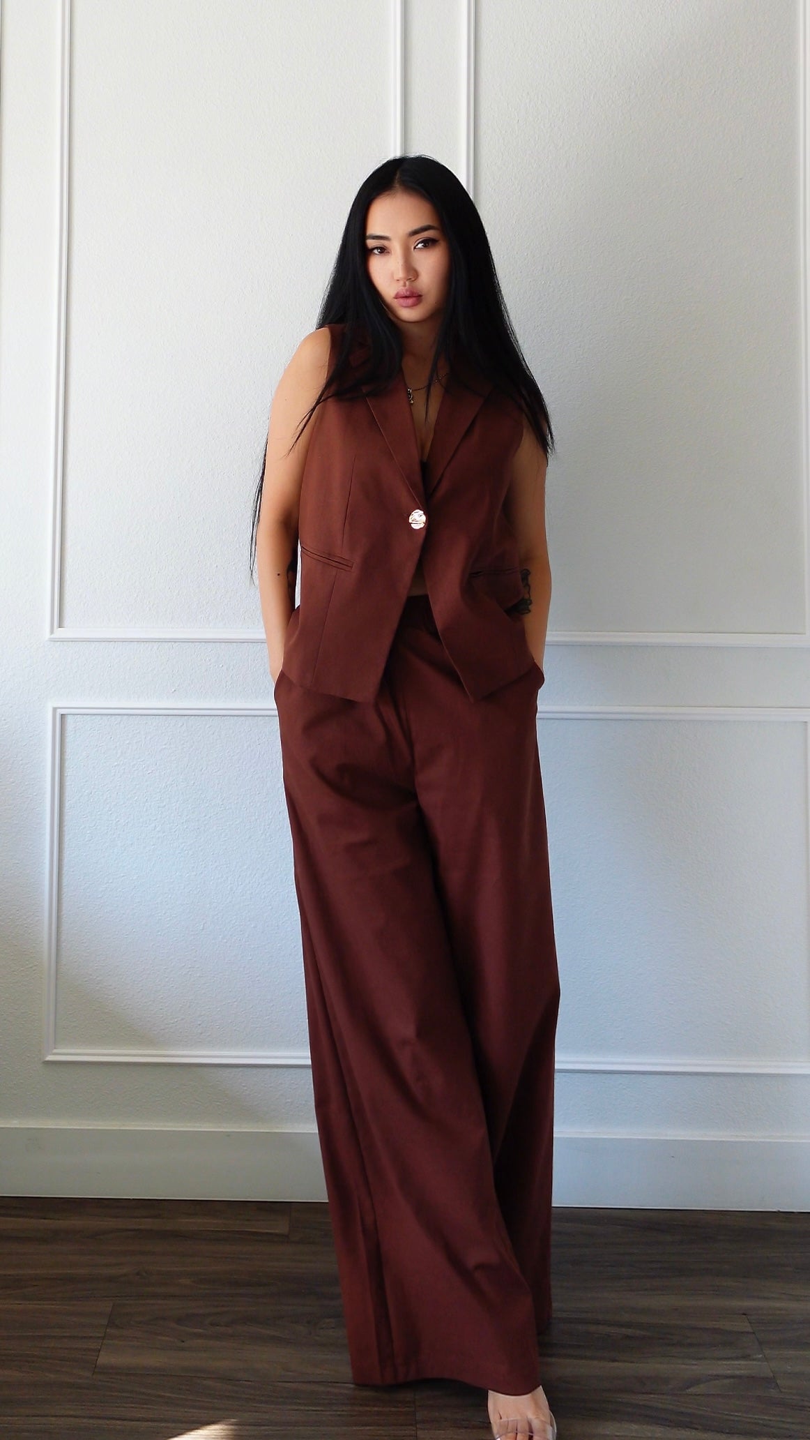 Sleeveless Blazer and Wide Leg Pants Set