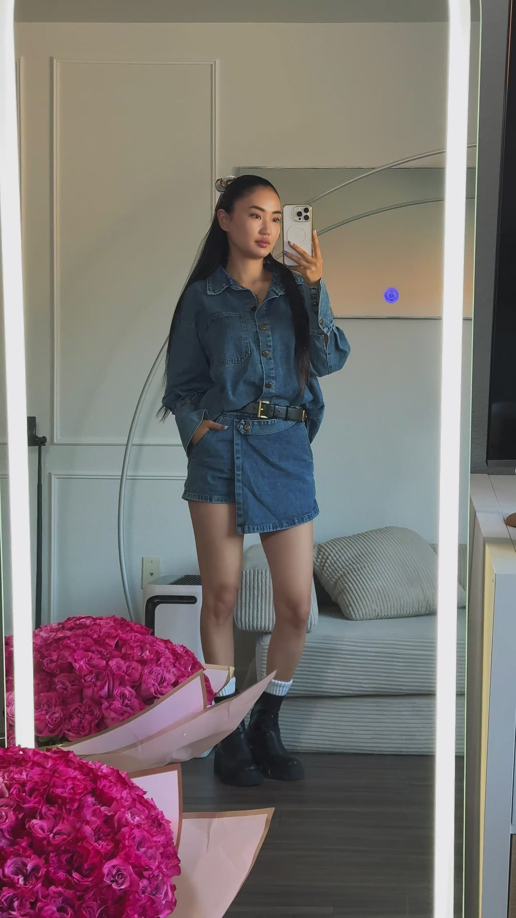 Button-Front Shirt and Mini Skirt Oversized Denim Set